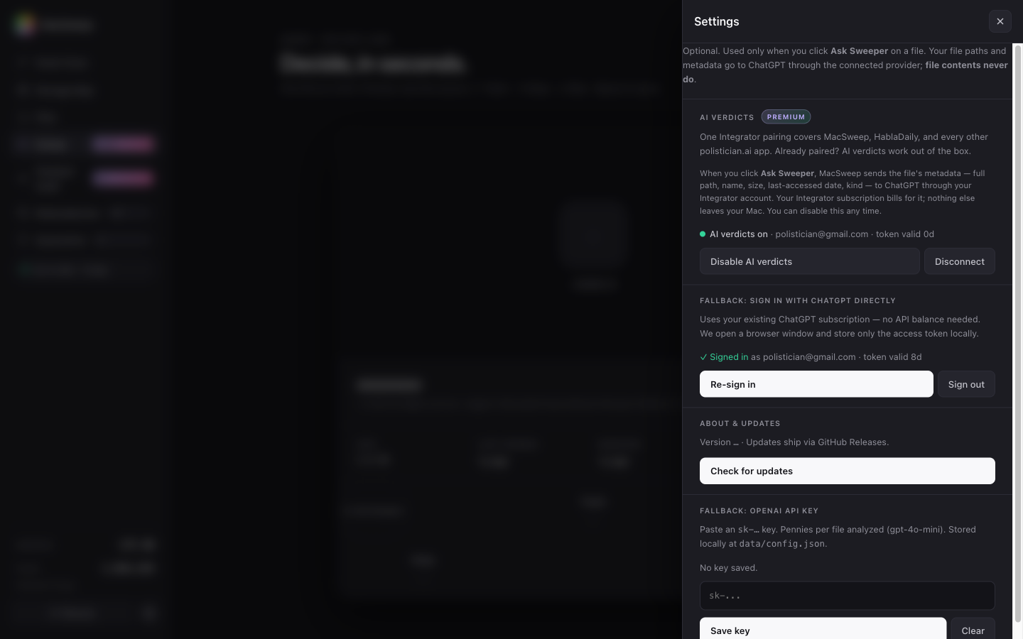 MacSweep Settings drawer with the AI verdicts section paired to ChatGPT, plus About & updates and the Check for updates button.